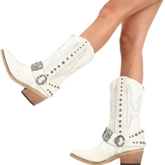 Women's Beige Ankle High Embroidery Pointed Toe Cowgirl Boots Rodeo Country - Picture 2 of 4